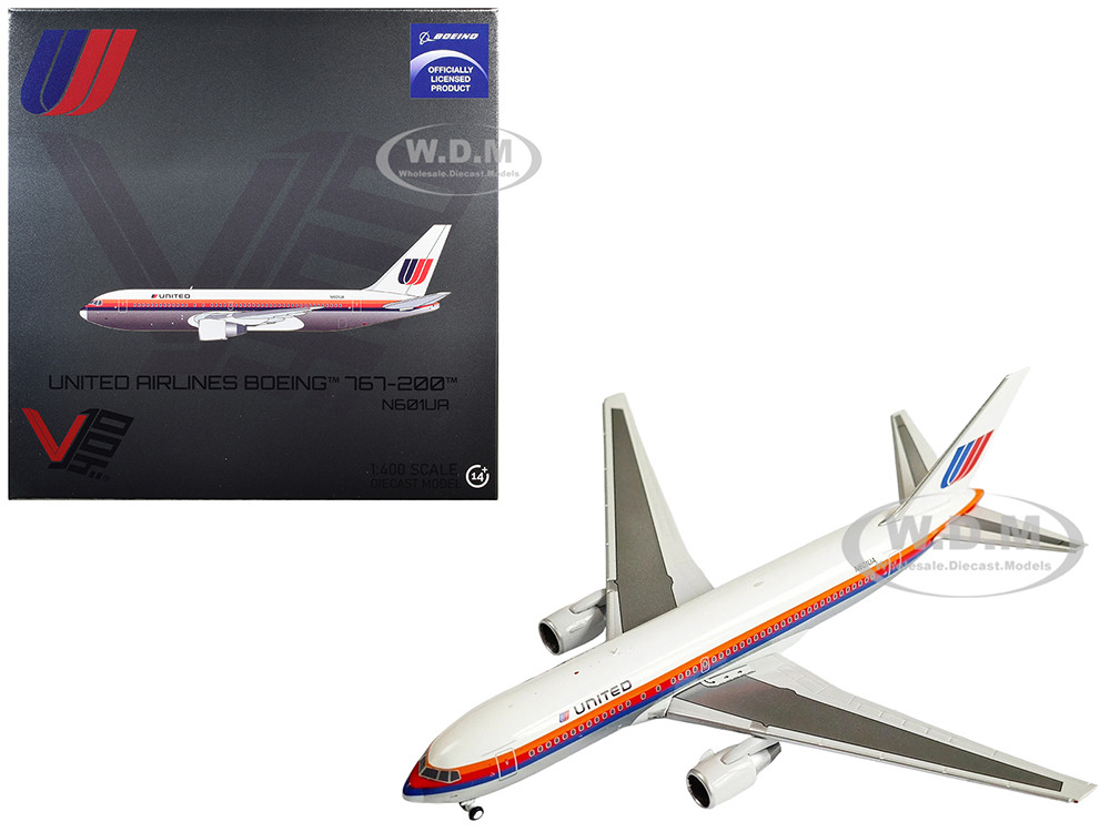 Boeing 767-200 Commercial Aircraft "United Airlines" (N601UA) White with Stripes 1/400 Diecast Model Airplane by V1:400