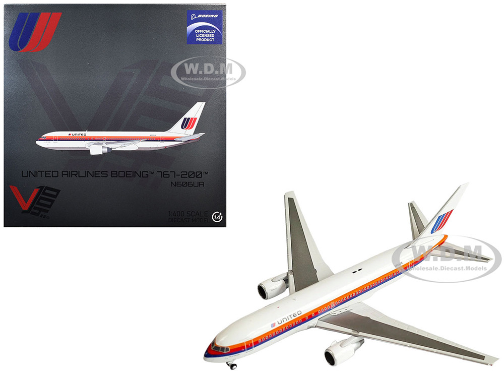 Boeing 767-200 Commercial Aircraft "United Airlines" (N606UA) White with Stripes 1/400 Diecast Model Airplane by V1:400