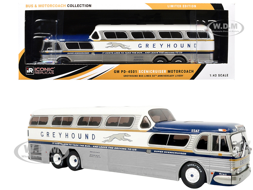 GM PD-4501 Scenicruiser Coach Bus "Greyhound Bus Lines - 50th Anniversary" Raw Metal with Blue and White Top and Gold Stripes "The Bus & Motorcoach Co