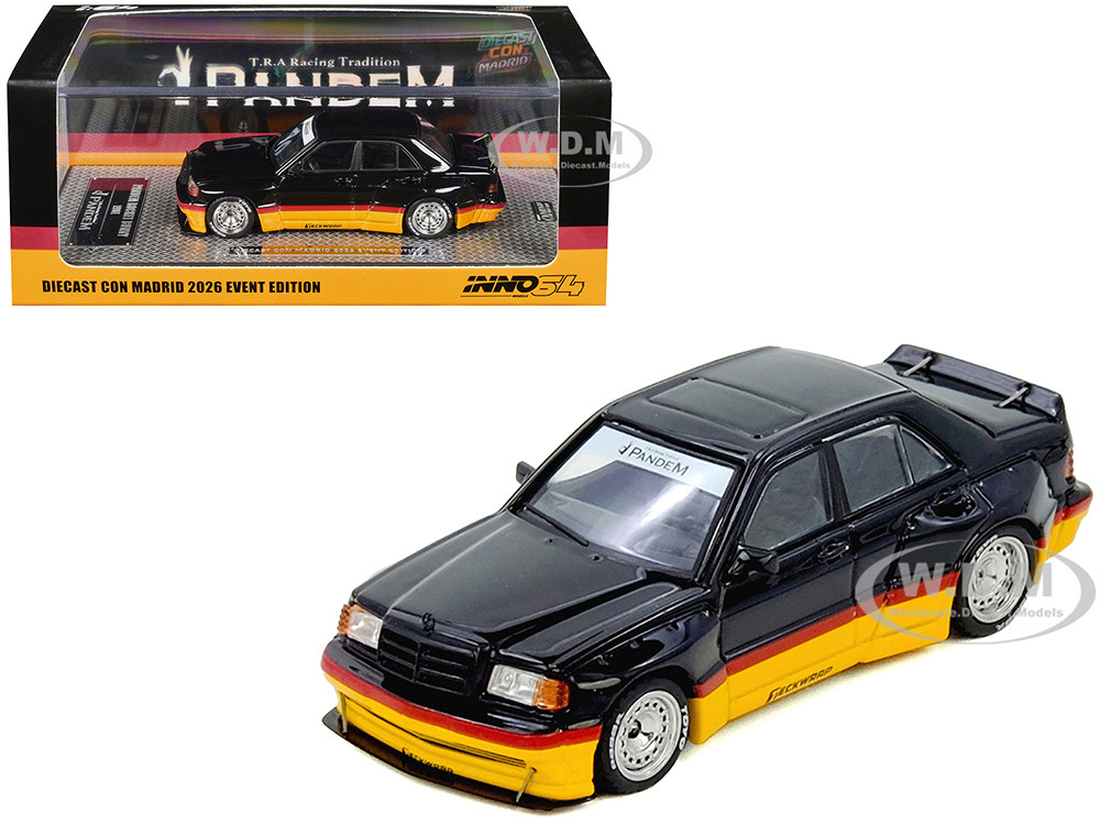 Pandem Rocket Bunny 190E Black with Red and Yellow Stripes "Diecast Con Madrid 2026 Event Edition" 1/64 Diecast Model Car by Inno Models