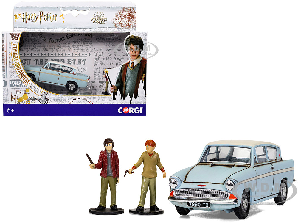 Flying Ford Anglia RHD (Right Hand Drive) Light Blue with White Top (Weathered) with Harry and Ron Figures "Harry Potter" Movie Series Diecast Model C