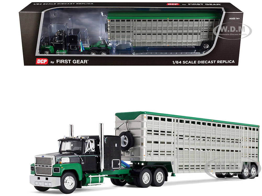 Ford LTL 9000 with 60" Flat Top Sleeper and 45' Wilson Vintage Livestock Trailer Black and Green 1/64 Diecast Model by DCP/First Gear