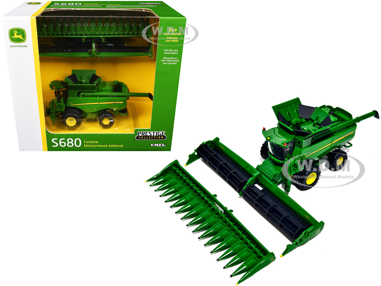 John Deere S680 Tracked Combine with 16-Row Corn Head and Draper Grain Head Green "Prestige Collection" Series 1/64 Diecast Model by ERTL TOMY