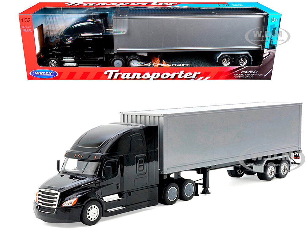Freightliner Cascadia Truck Black with Silver Container "Transporter" Series 1/32 Diecast Model by Welly