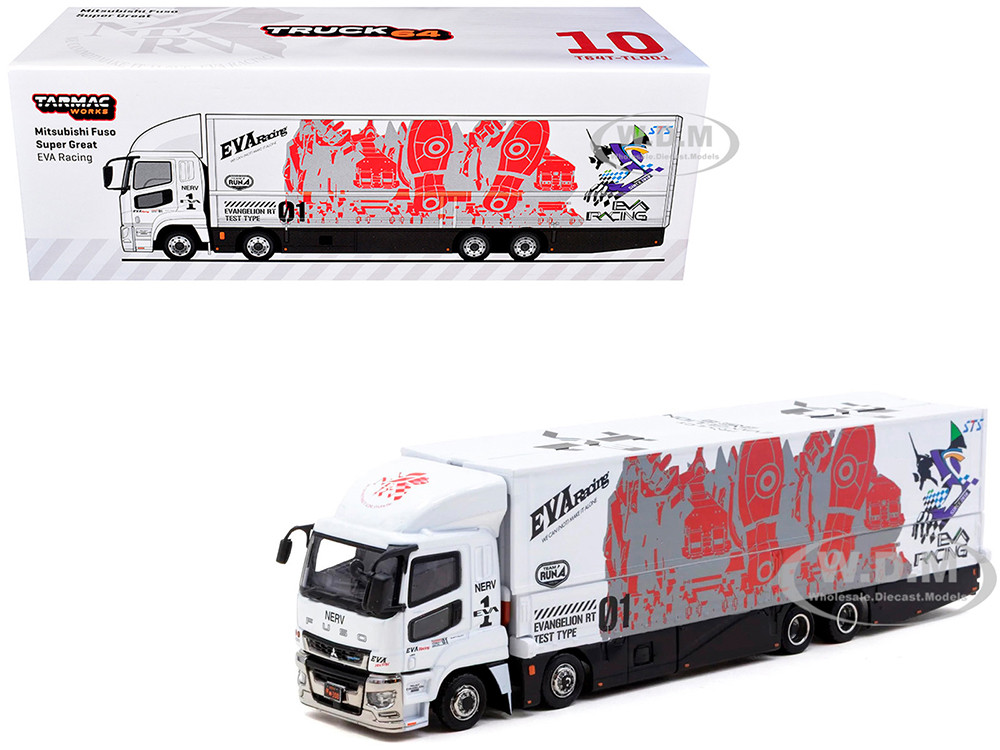 Mitsubishi Fuso Super Great Truck with Transporter "EVA Racing" White with Graphics "Truck64" Series 1/64 Diecast Model Car by Tarmac Works