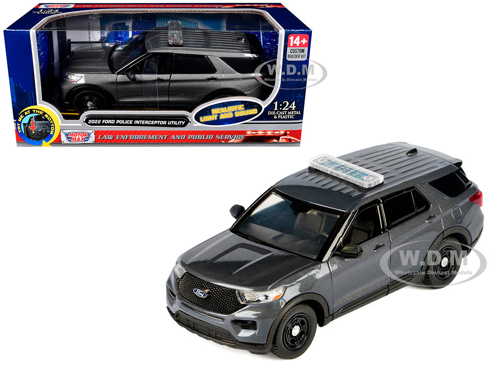 2022 Ford Police Interceptor Utility Dark Gray Metallic "Builder's Kit" with Flashing Light Bar and Front and Rear Lights and Sounds 1/24 Diecast Mode