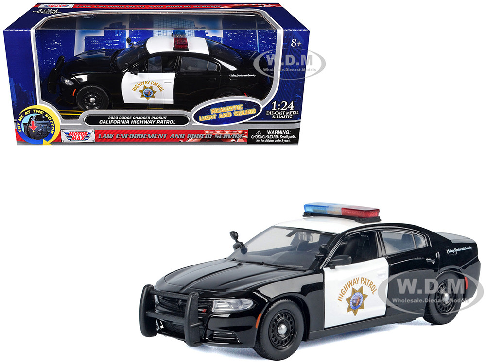 2023 Dodge Charger Pursuit Police Car "California Highway Patrol (CHP)" Black and White with Flashing Light Bar and Front and Rear Lights and Sounds 1
