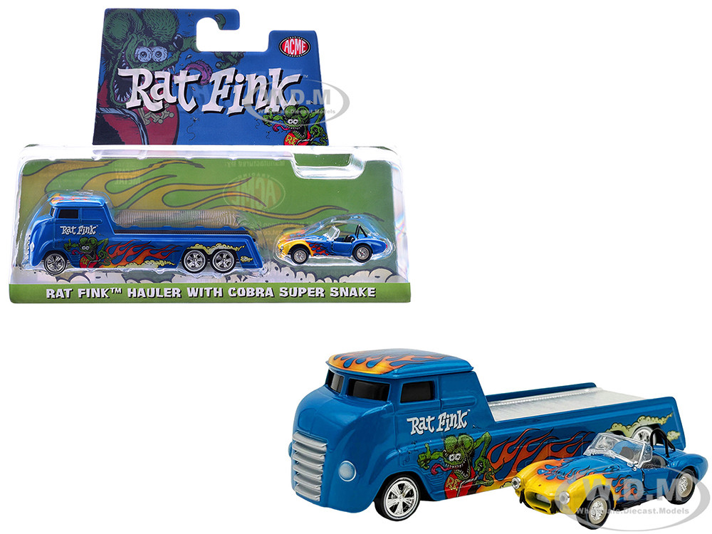 Shelby Cobra Super Snake Flames and Custom "Rat Fink" Hauler Flames and Graphics Cars Blue 1:64 diecast model Acme