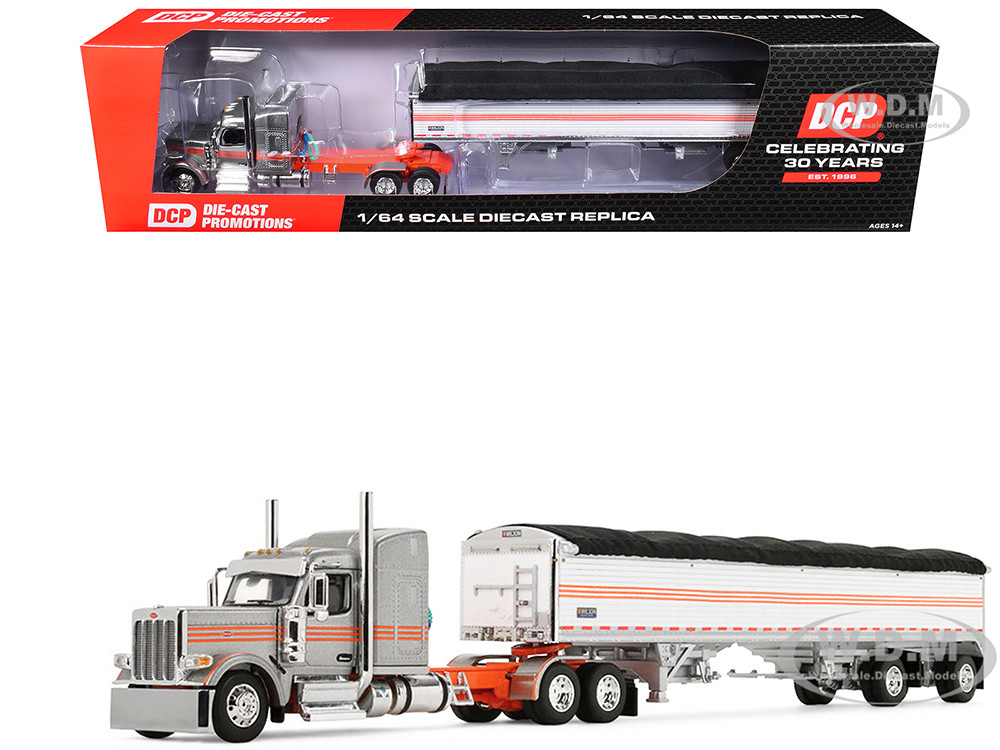 Peterbilt 589 with 58" Mid-Roof Sleeper and 50' Wilson Pacesetter Grain Trailer Silver Metallic with Orange Stripes 1/64 Diecast Model by DCP/First Ge