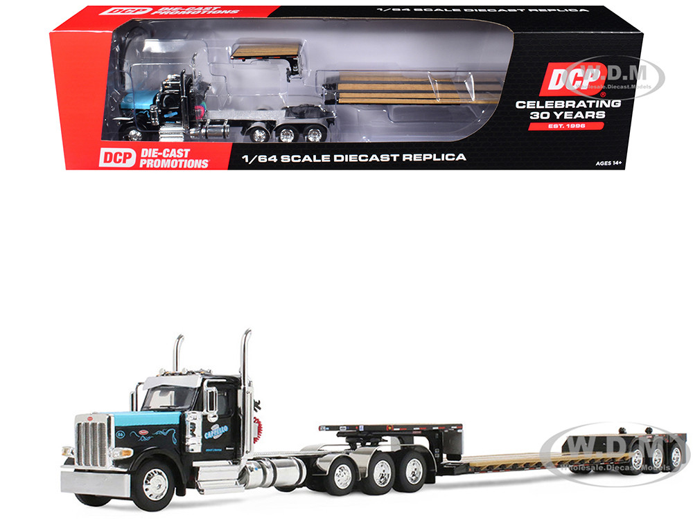 Peterbilt 589 Day Cab and Fontaine Renegade LXT40 Lowboy Trailer with Fliptail "Cappello Heavy Transport" Black with Light Blue Hood 1/64 Diecast Mode
