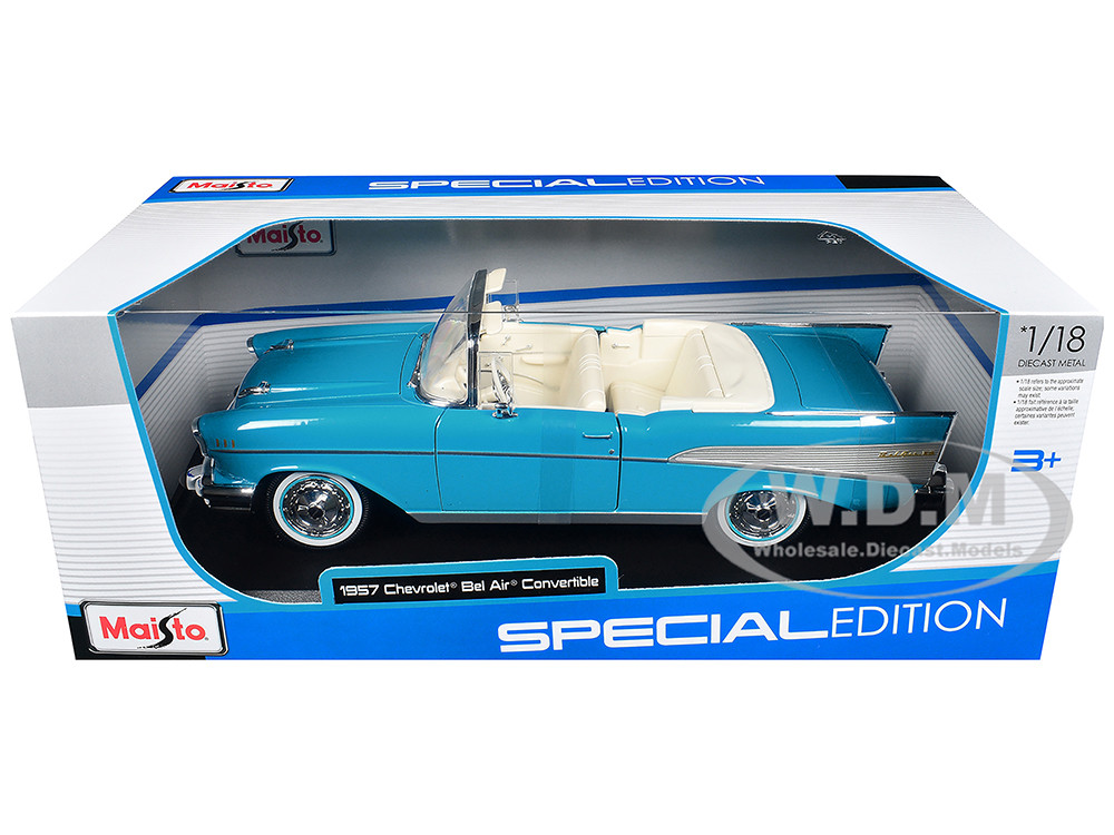 1957 Chevrolet Bel Air Convertible Blue with White Interior "Special Edition" Series 1/18 Diecast Model Car by Maisto