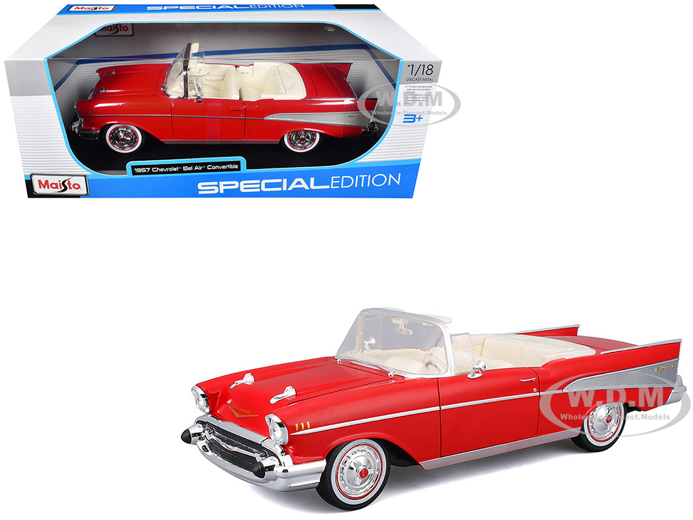 1957 Chevrolet Bel Air Convertible Red with White Interior "Special Edition" Series 1/18 Diecast Model Car by Maisto