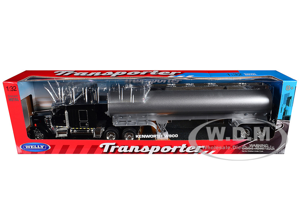 Kenworth W900 Truck Black with Silver Tanker Trailer "Transporter" Series 1/32 Diecast Model by Welly