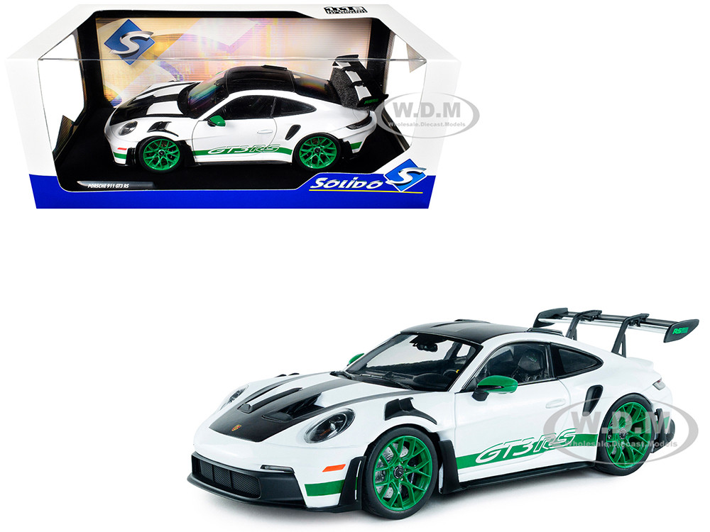 2024 Porsche 911 GT3 RS "Tribute to Carrera RS Package" White with Carbon Hood Stripes and Top and Green Side Stripes and Wheels 1/18 Diecast Model Ca