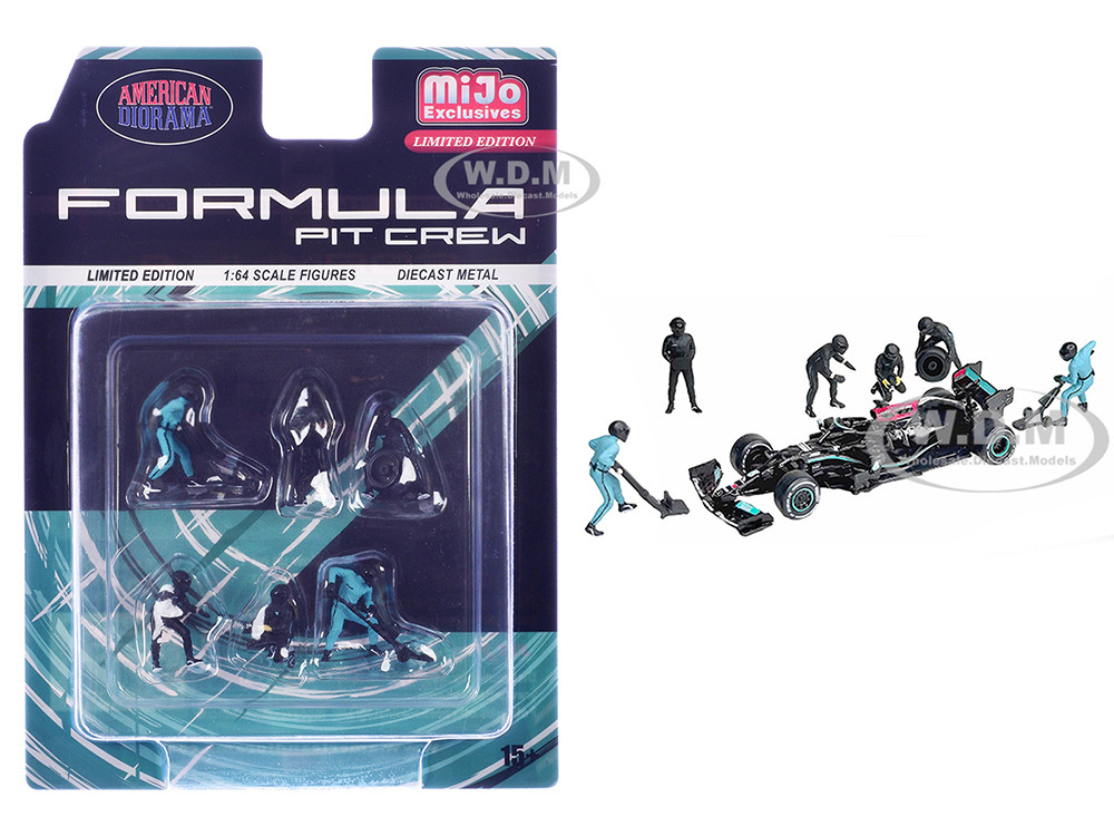 "Formula Pit Crew  Team Black" 6 piece Diecast Figure Set (6 Figures) Limited Edition for 1/64 Scale Models by American Diorama