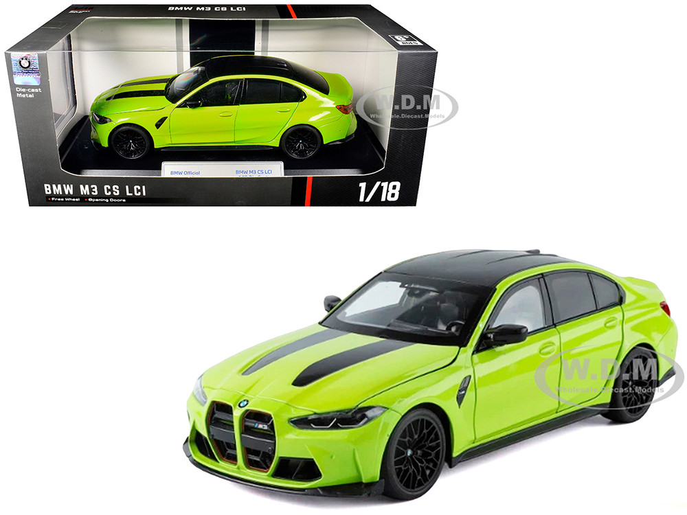 BMW M3 CS LCI Lime Green Metallic with Matt Black Top and Hood Stripes 1/18 Diecast Model Car by Heimanba