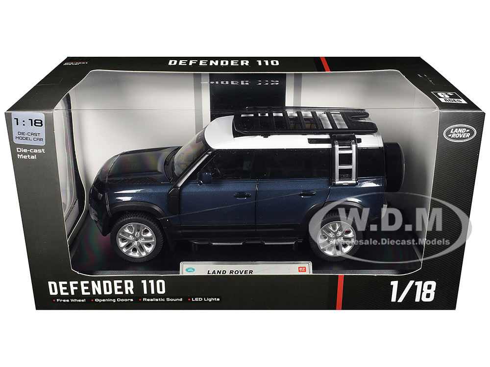 Land Rover Defender 110 Blue Metallic with White Top and Roof Rack 1/18 Diecast Model Car by Heimanba
