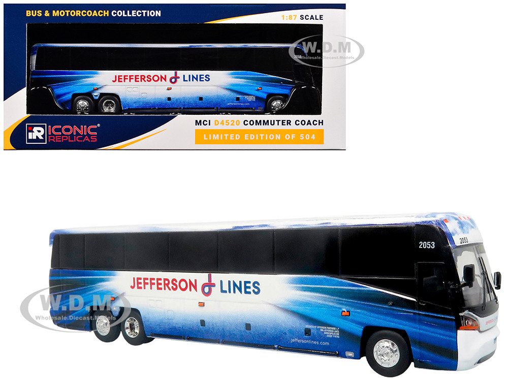 MCI D4520 Commuter Coach Bus "Jefferson Lines" White with Blue Graphics "The Bus & Motorcoach Collection" Limited Edition to 504 pieces Worldwide 1/87