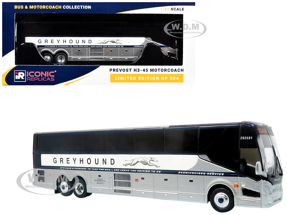 Prevost H3-45 Coach Bus "Greyhound Scenicruiser Service" White and Raw Metal "The Bus & Motorcoach Collection" Limited Edition to 504 pieces Worldwide