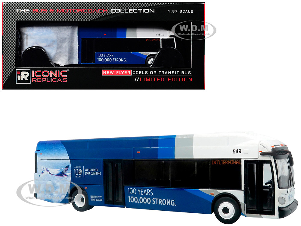 New Flyer Xcelsior XN40 Transit Bus "Delta Air Lines 100th Anniversary" Blue and White with Graphics "The Bus & Motorcoach Collection" Limited Edition