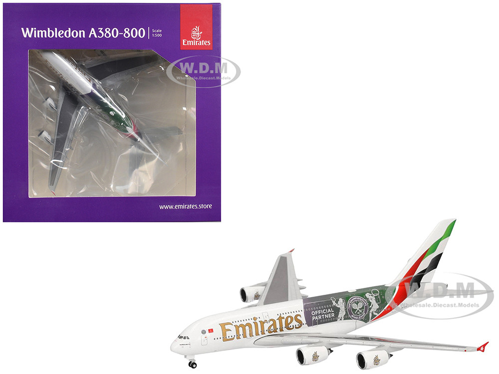 Airbus A380-800 Commercial Aircraft "Emirates Airlines - Wimbledon Official Partner" (A6-EOE) White with Graphics 1/500 Diecast Model Airplane by Herp