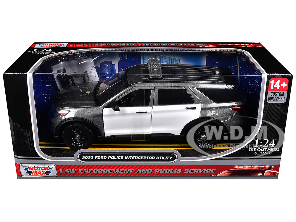 2022 Ford Police Interceptor Utility Gray Metallic with White Doors "Builder's Kit" with Flashing Light Bar and Front and Rear Lights and Sounds 1/24