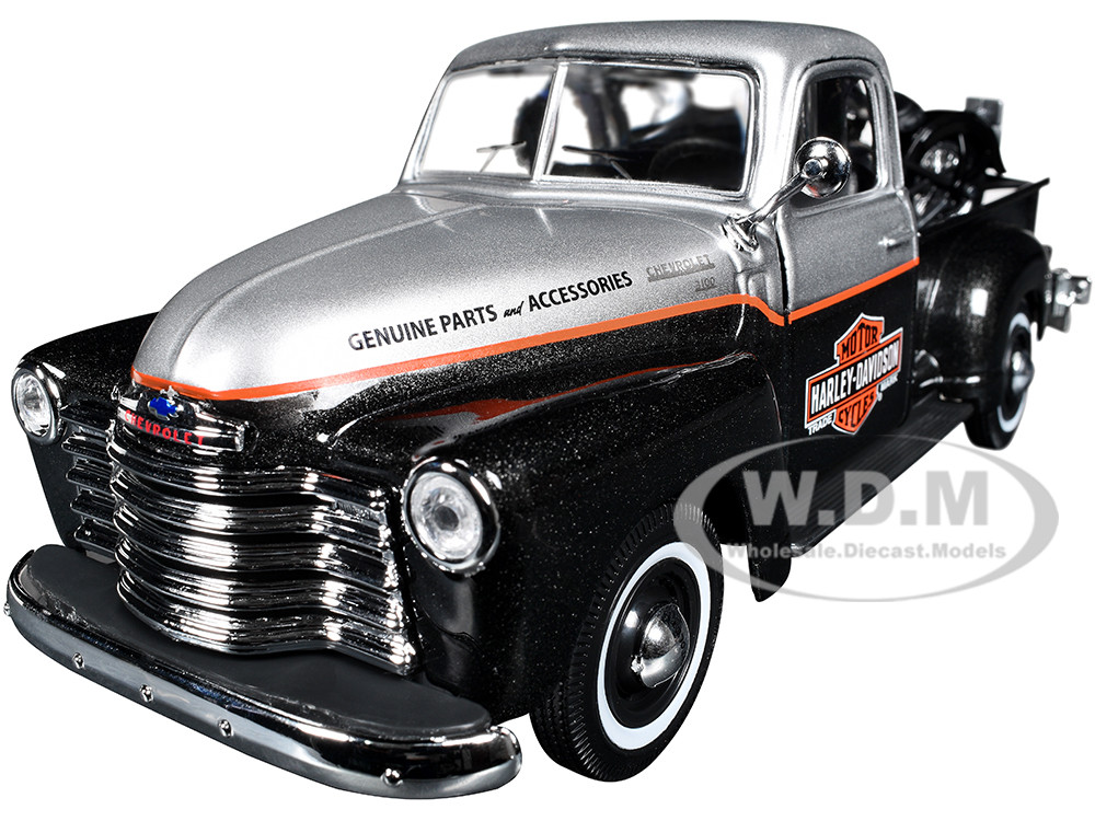 1950 Chevrolet 3100 Pickup Truck "Harley Davidson" Silver Metallic and Black with 1948 Harley Davidson FL Panhead Motorcycle Black "HD Custom" Series