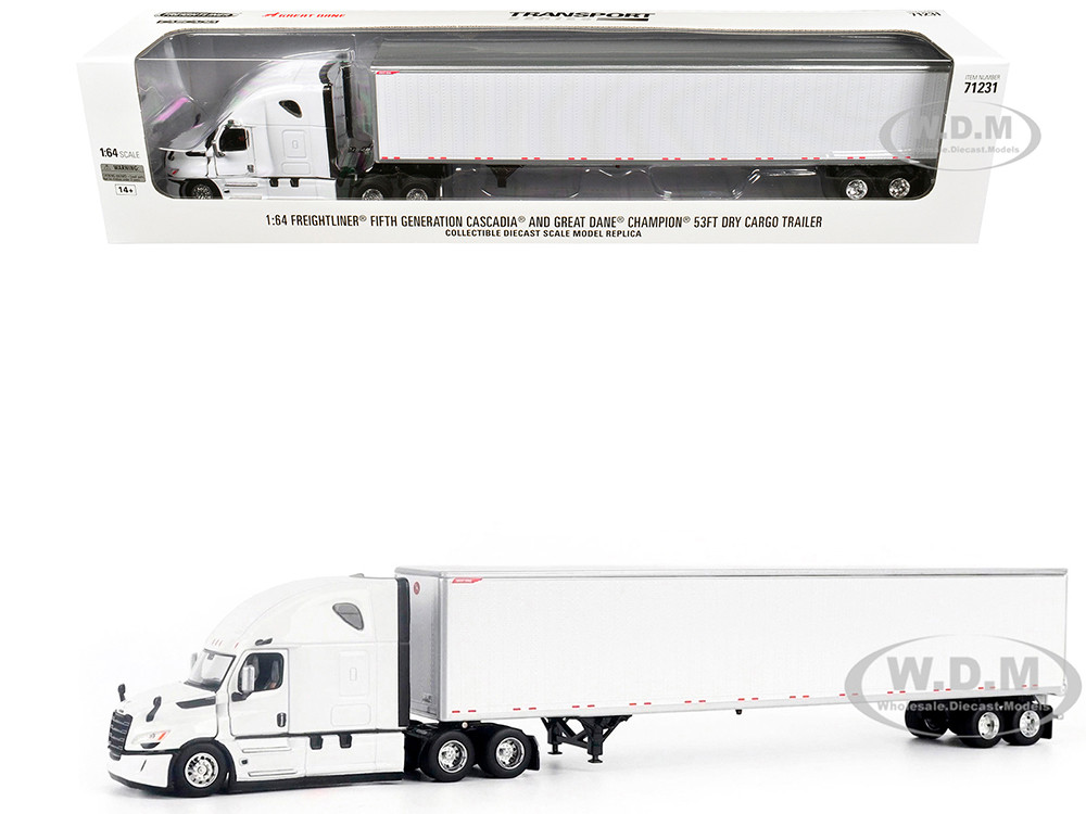 2025 Freightliner Cascadia Gen-5 Truck Tractor with Sleeper and Great Dane Champion 53ft Dry Cargo Trailer Winter White "Transport Series" 1/64 Diecas