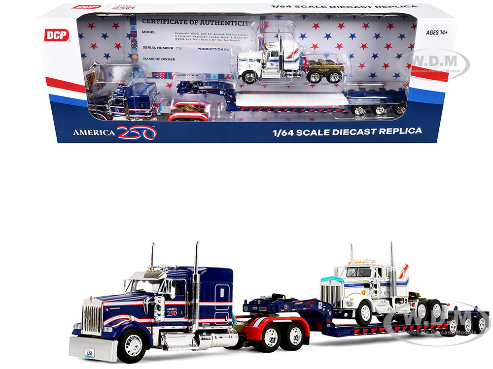 Kenworth W900L with 72" Aerocab Flat Top Sleeper Blue with White Stripes and Fontaine Magnitude Lowboy Trailer with Kenworth W900A Load White with Blu