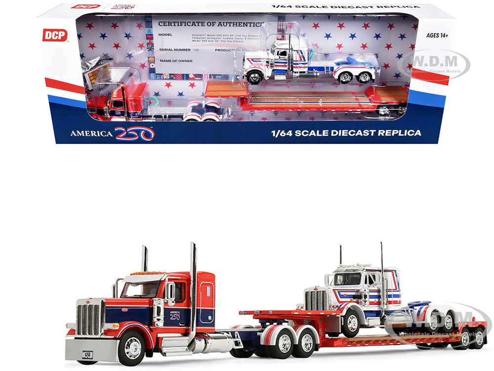 Peterbilt 589 with 44" Flat Top Sleeper Red with Blue Stripes and Fontaine Renegade LXT40 Lowboy Trailer with Peterbilt 359 Load White with Blue and R