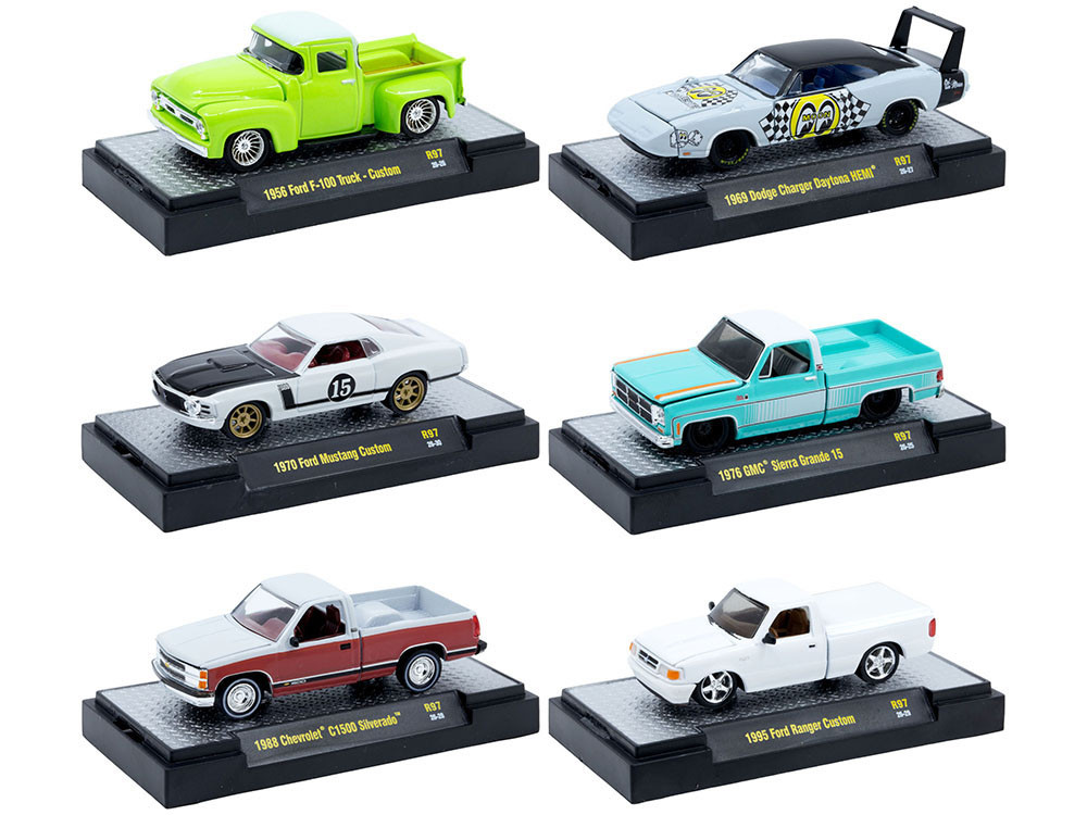 "Auto Meets" Set of 6 Cars IN DISPLAY CASES Release 97 Limited Edition 1/64 Diecast Model Cars by M2 Machines