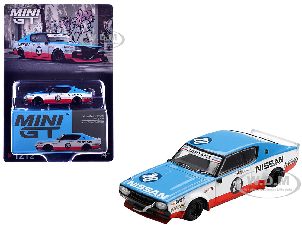1975 Nissan Skyline Kenmeri RHD (Right Hand Drive) #28 "Liberty Walk - Racing Concept" and Stripes Limited Edition Mini GT White 1:64 diecast model Mini GT TSM