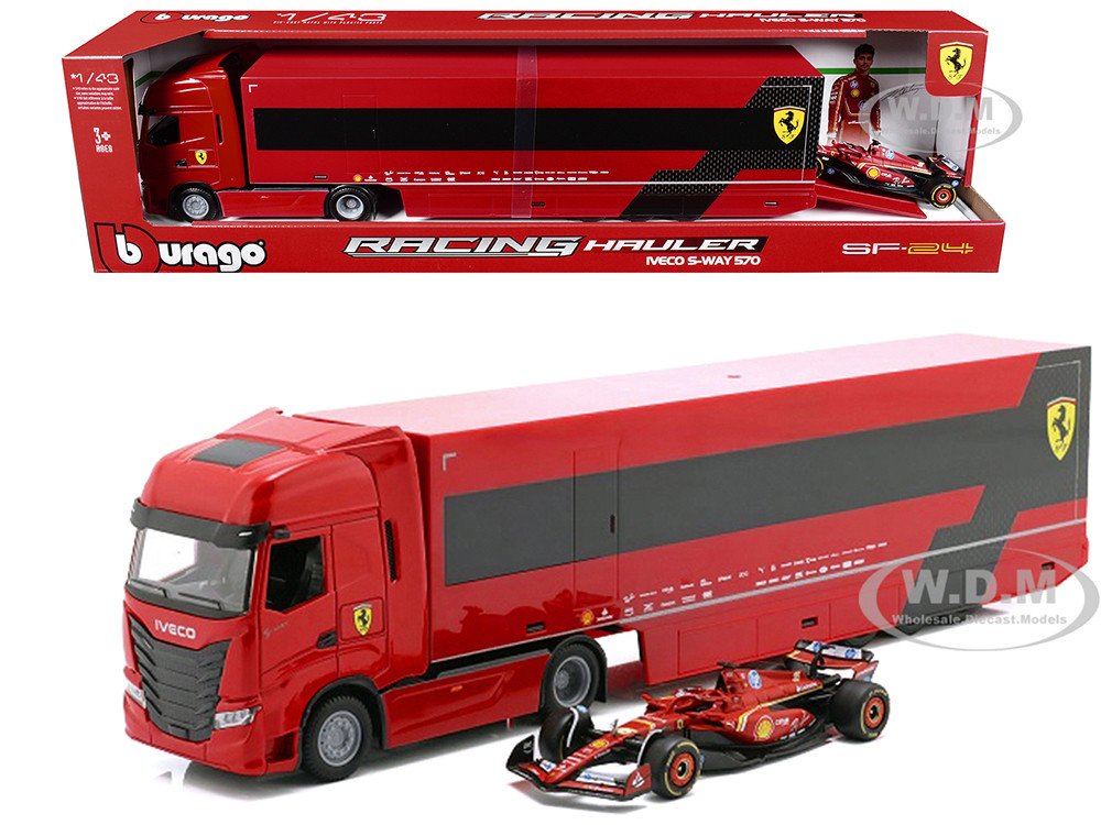 Iveco S-Way 570 Car Transporter Red and Ferrari SF-24 #16 Charles Leclerc Formula One F1 World Championship (2024) "Racing Hauler" Series 1/43 Diecast