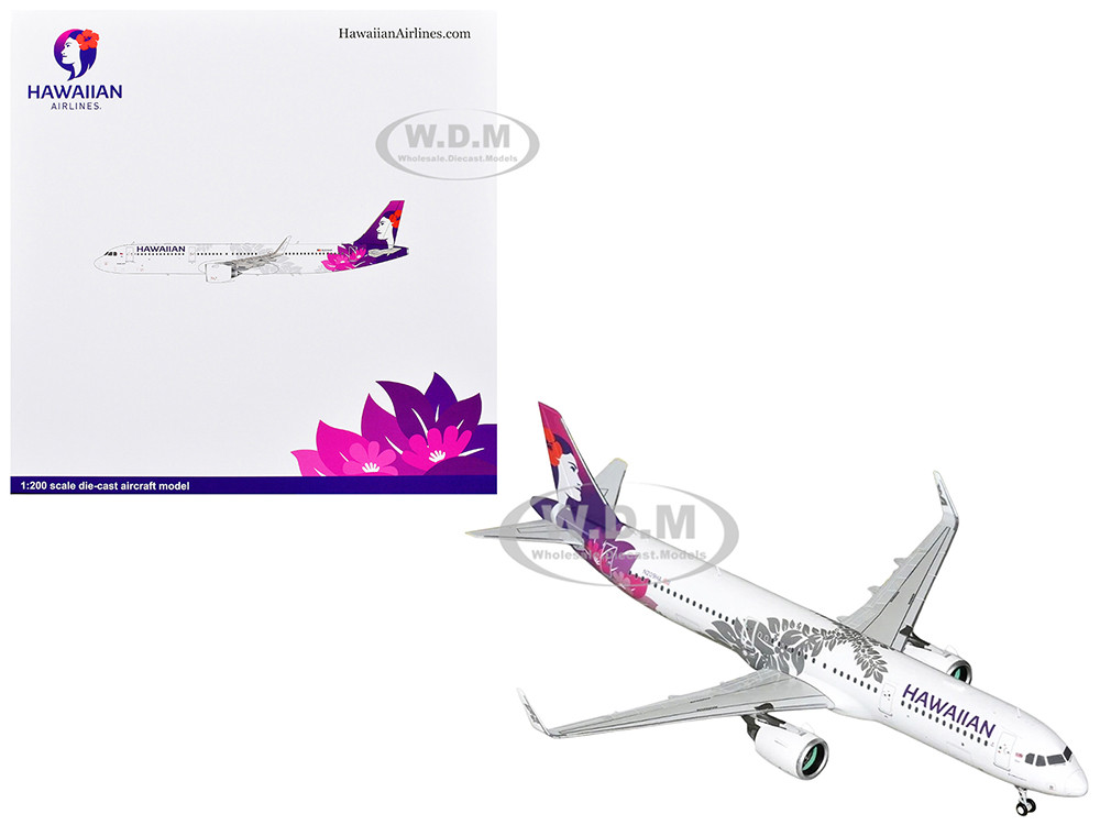 Airbus A321neo Commercial Aircraft "Hawaiian Airlines" (N209HA) White with Purple Tail and Graphics "Gemini 200" Series 1/200 Diecast Model Airplane b