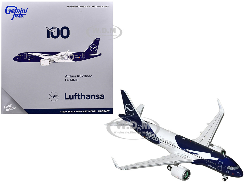 Airbus A320neo Commercial Aircraft "Lufthansa 100th Anniversary" (D-AING) White and Dark Blue 1/400 Diecast Model Airplane by GeminiJets