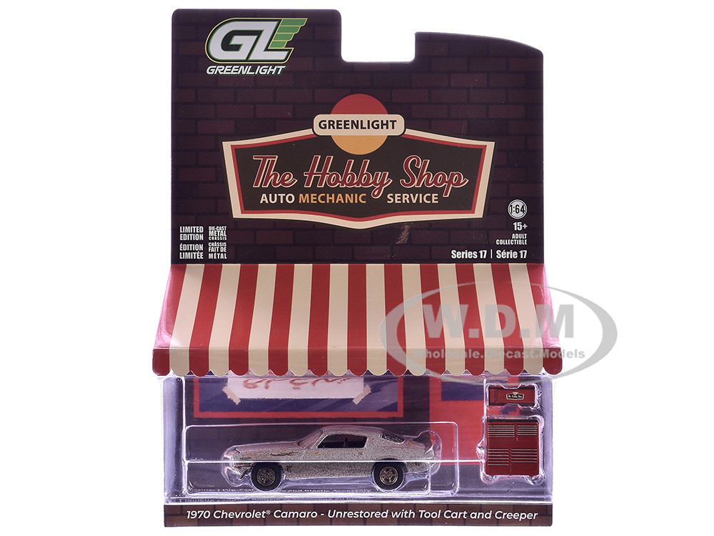 Greenlight 1:64 1970 Chevrolet Camaro Cortez Silver (Unrestored) with Tool Cart and Creeper "The Hobby Shop" Series 17 1/64 Diecast Model Car by Greenlight