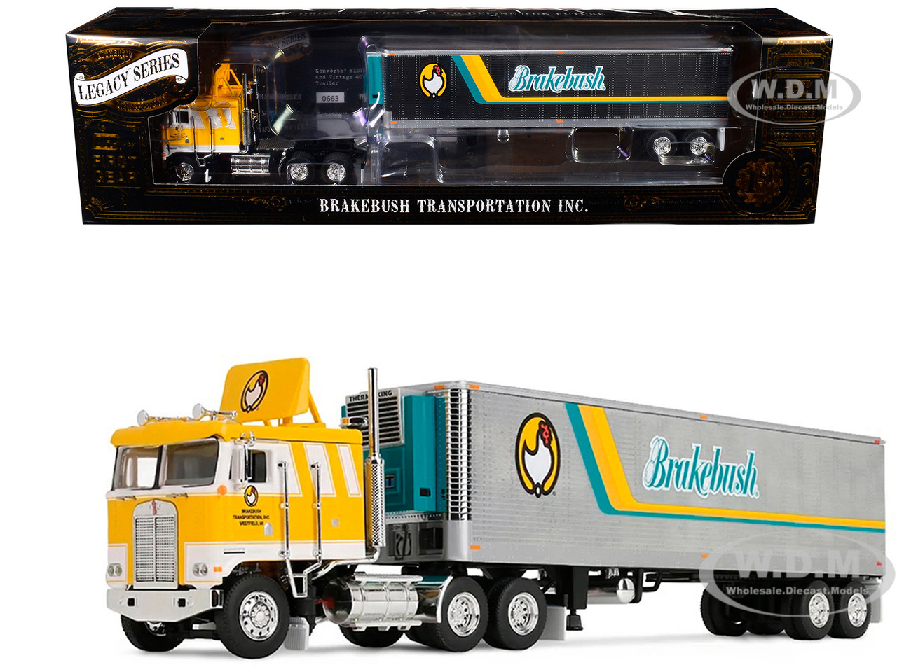 Kenworth K100 COE Flat Top and 40 Vintage Trailer with Reefer "Brakebush" Yellow with White Grpahics "Legacy Series #6" 1/64 Diecast Model by DCP/Fir