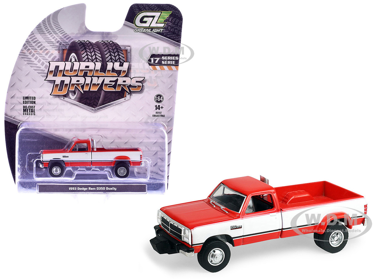 1993 Dodge Ram D350 Dually Pickup Truck Red and White with Exhaust and Bumper Weights "Dually Drivers" Series 17 1/64 Diecast Model Car by Greenlight