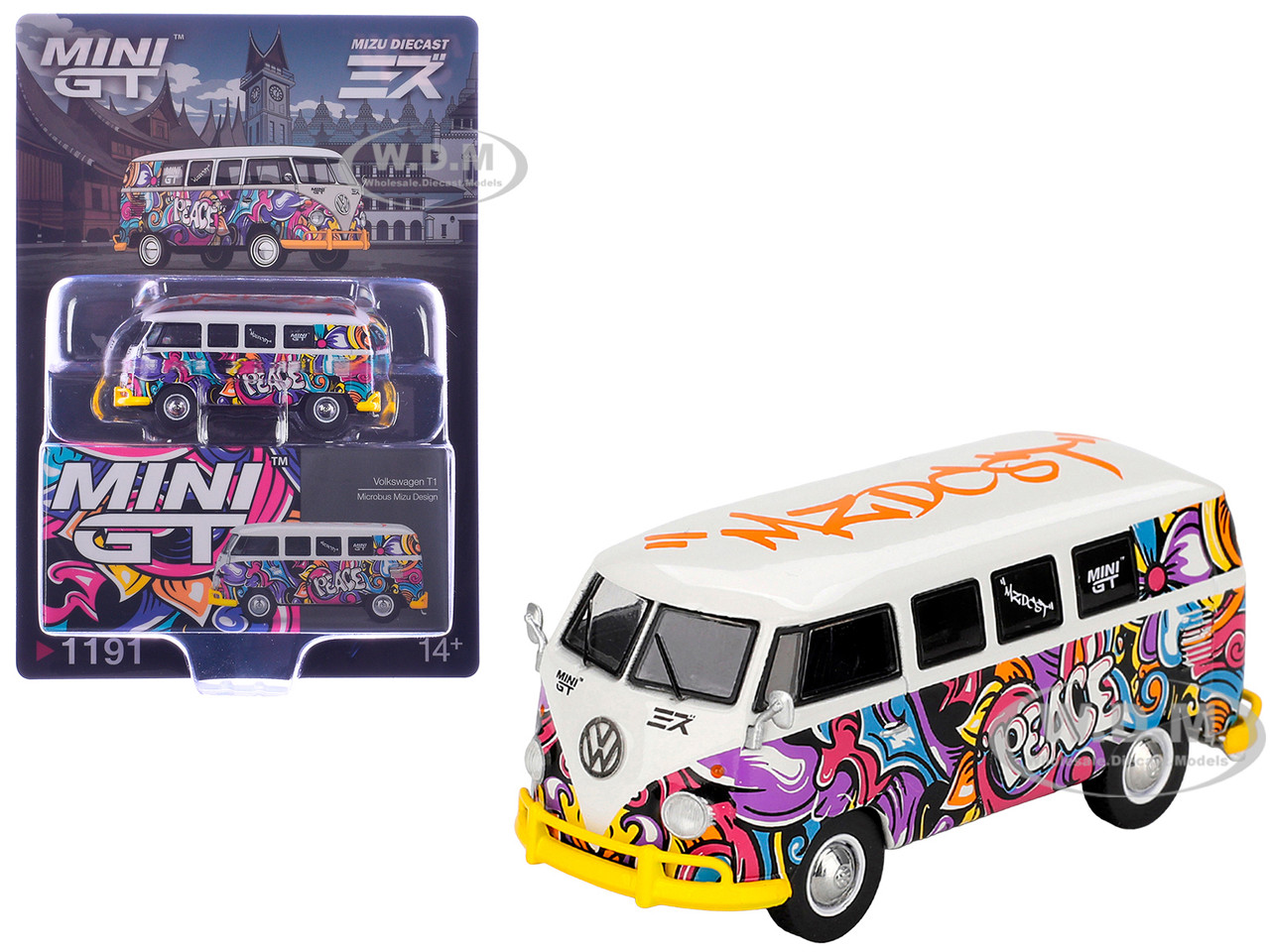 Volkswagen T1 Microbus "Mizu Design" Graffiti Graphics Limited Edition Mini GT White 1:64 diecast model Mini GT TSM