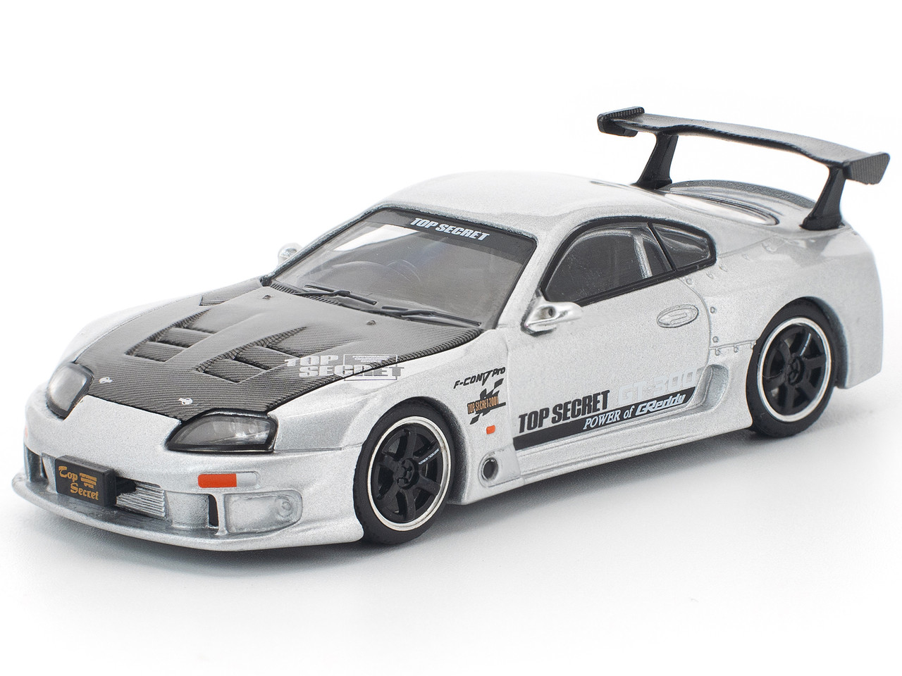 Pop Race 1:64 Toyota Supra "Top Secret" GT300 RHD (Right Hand Drive) Silver Metallic with Carbon Hood 1/64 Diecast Model Car by Pop Race