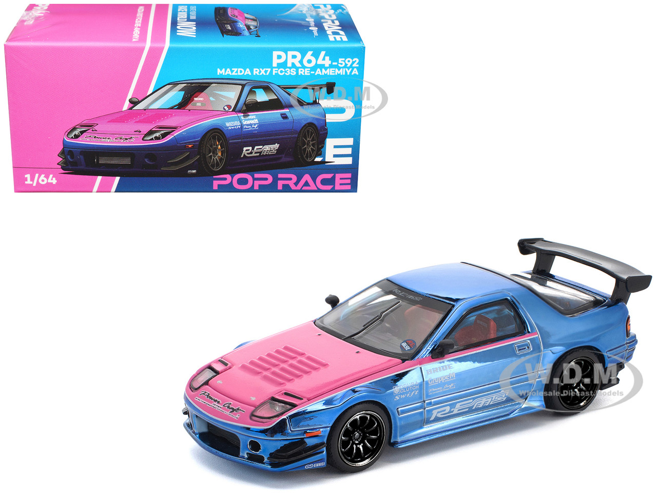 Mazda RX7 (FC3S) RE Amemiya RHD (Right Hand Drive) Chrome Hood "Street 7 Chrome" Blue 1:64 diecast model Pop Race