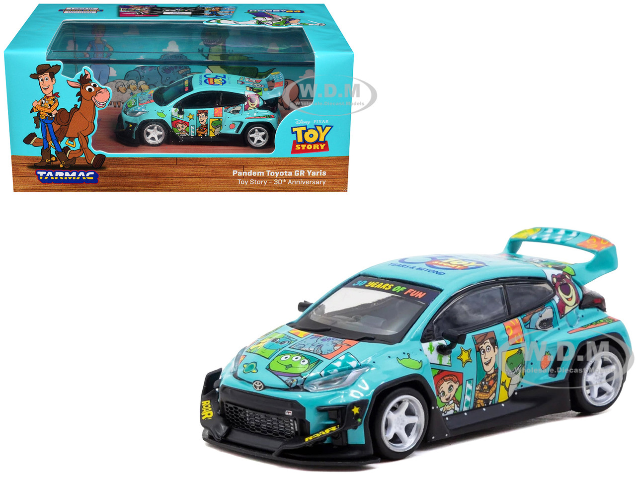 Toyota Pandem GR Yaris RHD (Right Hand Drive) "Toy Story 30th Anniversary" Blue with Graphics with Tarmac Cards "Hobby64" Series 1/64 Diecast Model Ca