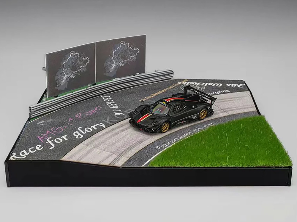 Cm Models 1:64 Nurburgring Diorama Set with Pagani Zonda Revolucion Carbon with Red and Gold Stripes and Extra Wheels 1/64 Diecast Model Car by CM Model