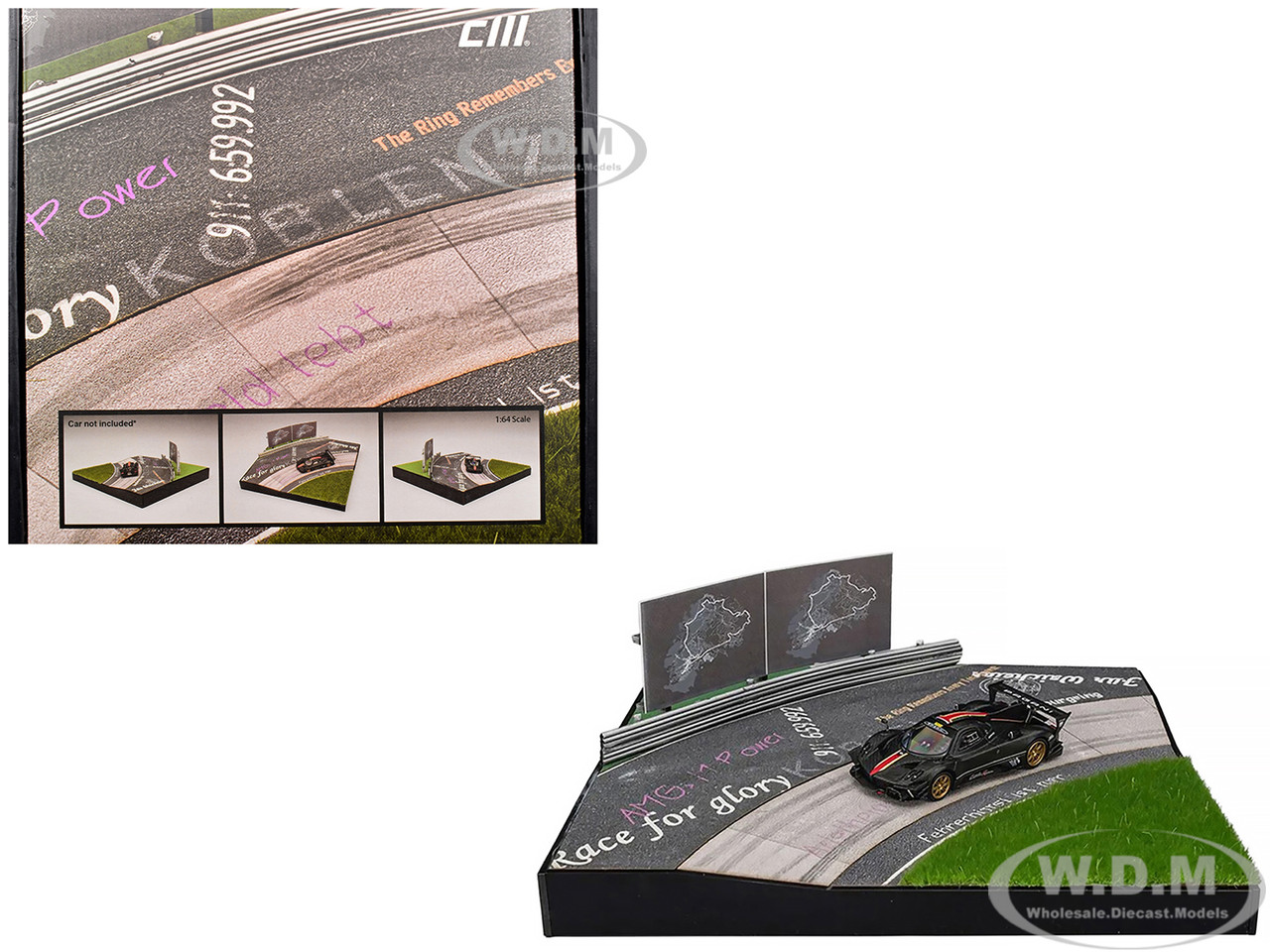 Nurburgring Diorama Set with Pagani Zonda Revolucion Carbon with Red and Gold Stripes and Extra Wheels 1/64 Diecast Model Car by CM Model