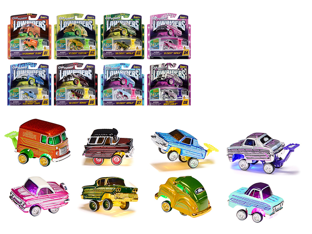"Lowriders Show Glow" Series 4 Set of 8 Pieces Diecast Model Cars by CarTuned