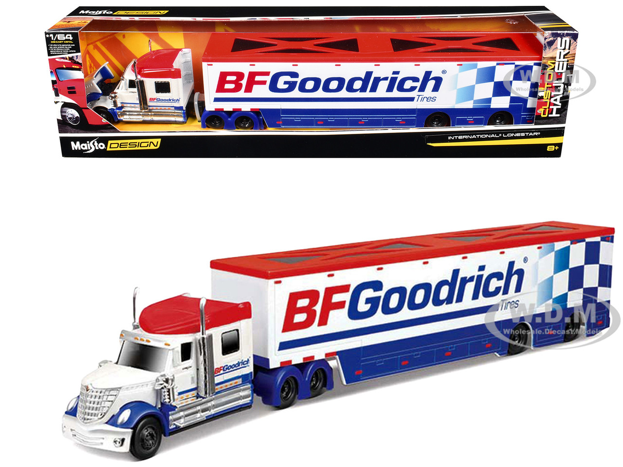 International LoneStar Enclosed Car Transporter "BF Goodrich" White with Blue Stripes and Red Top "C