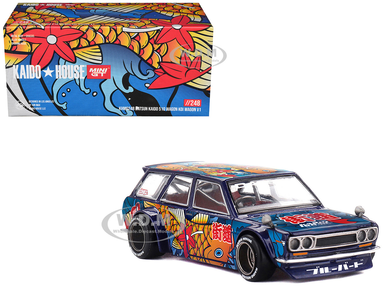 Datsun Kaido 510 Wagon RHD (Right Hand Drive) "Koi Wagon V1" Blue with Koi Fish Graphics (Designed by Jun Imai) "Kaido House" Special 1/64 Diecast Mod