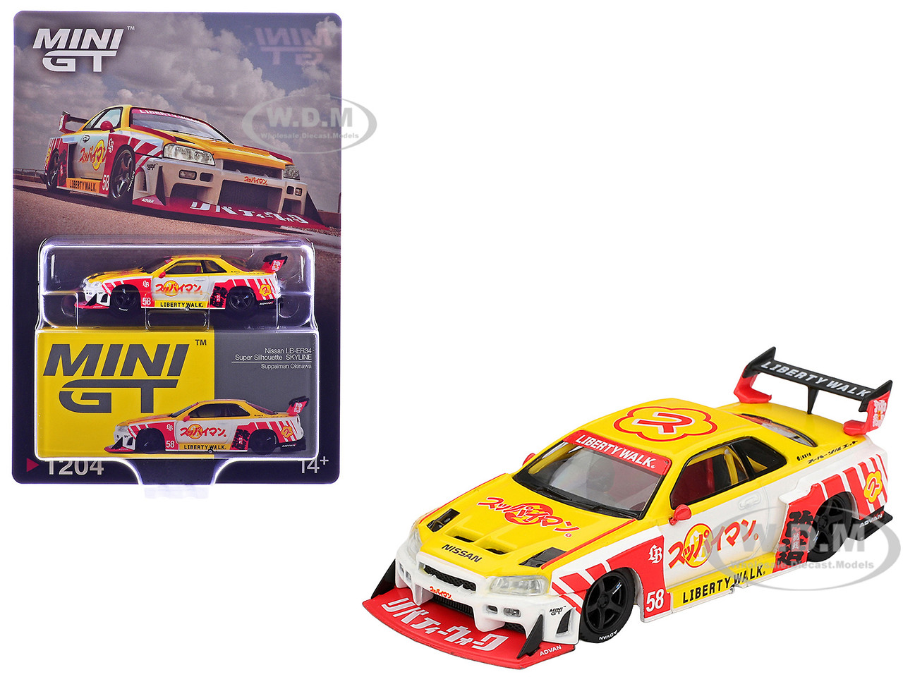 Nissan LB-ER34 Super Silhouette Skyline RHD (Right Hand Drive) #58 "Suppaiman Okinawa" Yellow and White with Graphics Limited Edition 1/64 Diecast Mod