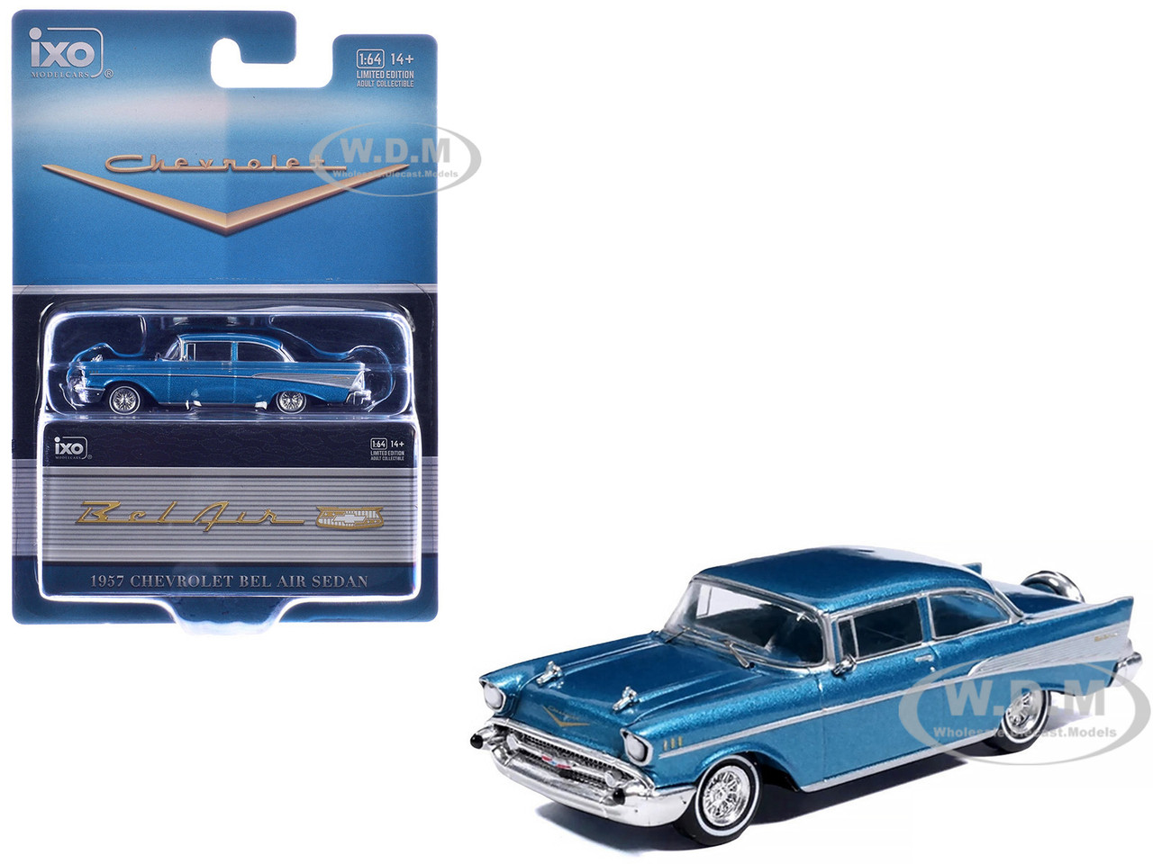 1957 Chevrolet Bel Air Sedan Harbor Blue Metallic with Blue Interior 1/64 Diecast Model Car by IXO Models
