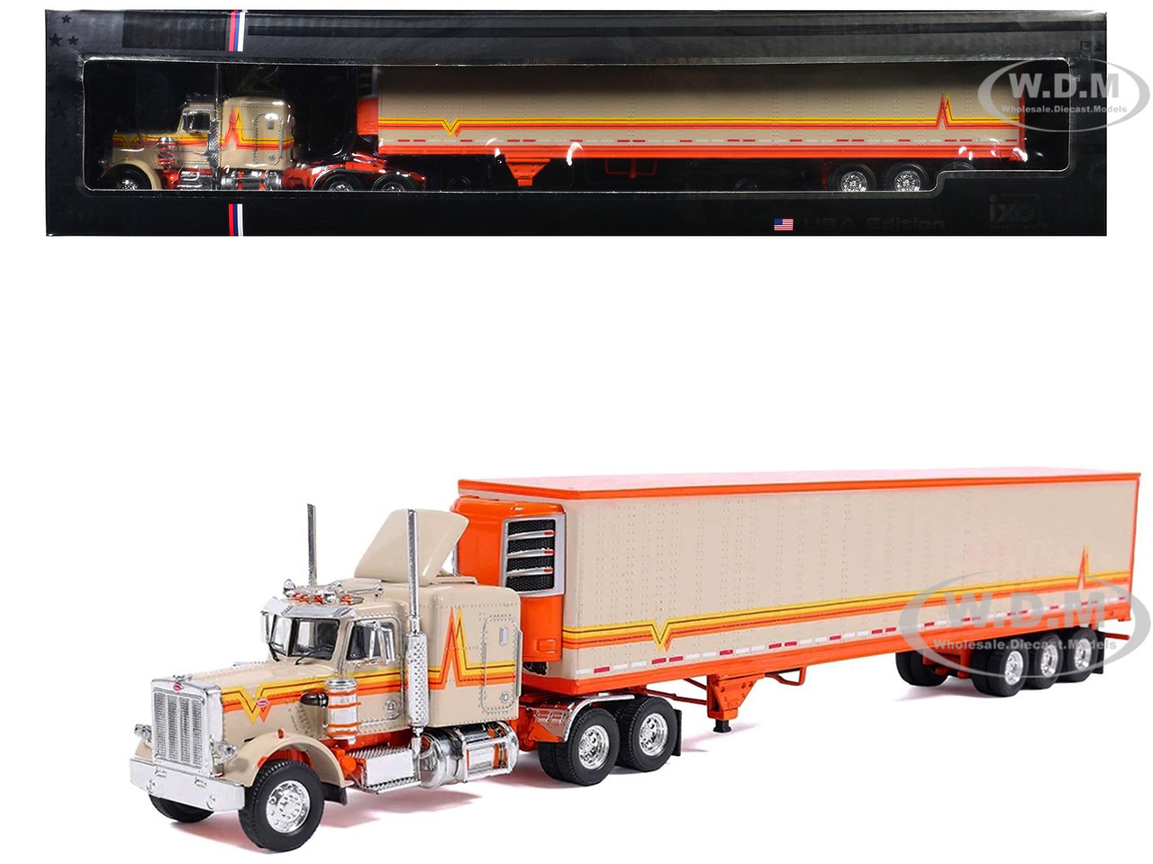 1973 Peterbilt 359 Truck Tractor with Sleeper Cab Cream with Orange and Yellow Stripes and Refrigerate Modern Trailer 1/64 Diecast Model by IXO Models